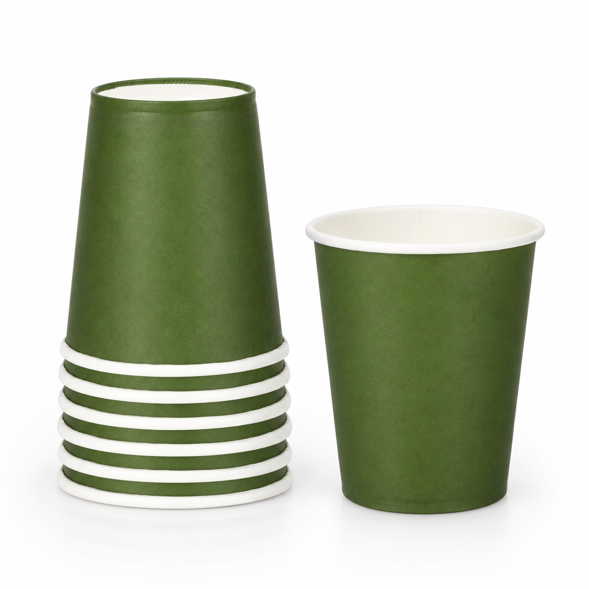 Olive-green paper cup beside a small inverted stack, showing white rims and interiors.