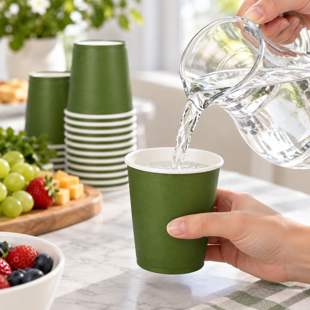 Cold water being poured into an olive-green paper cup. Water, pitcher, food and decor are styling props, not included.