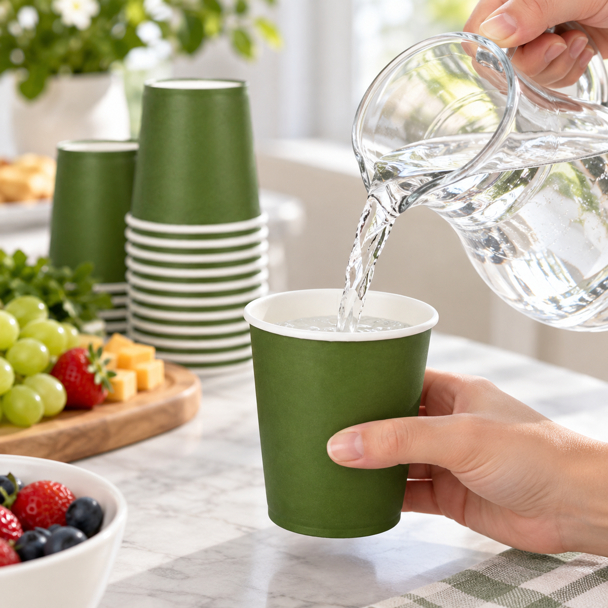 Cold water being poured into an olive-green paper cup. Water, pitcher, food and decor are styling props, not included.