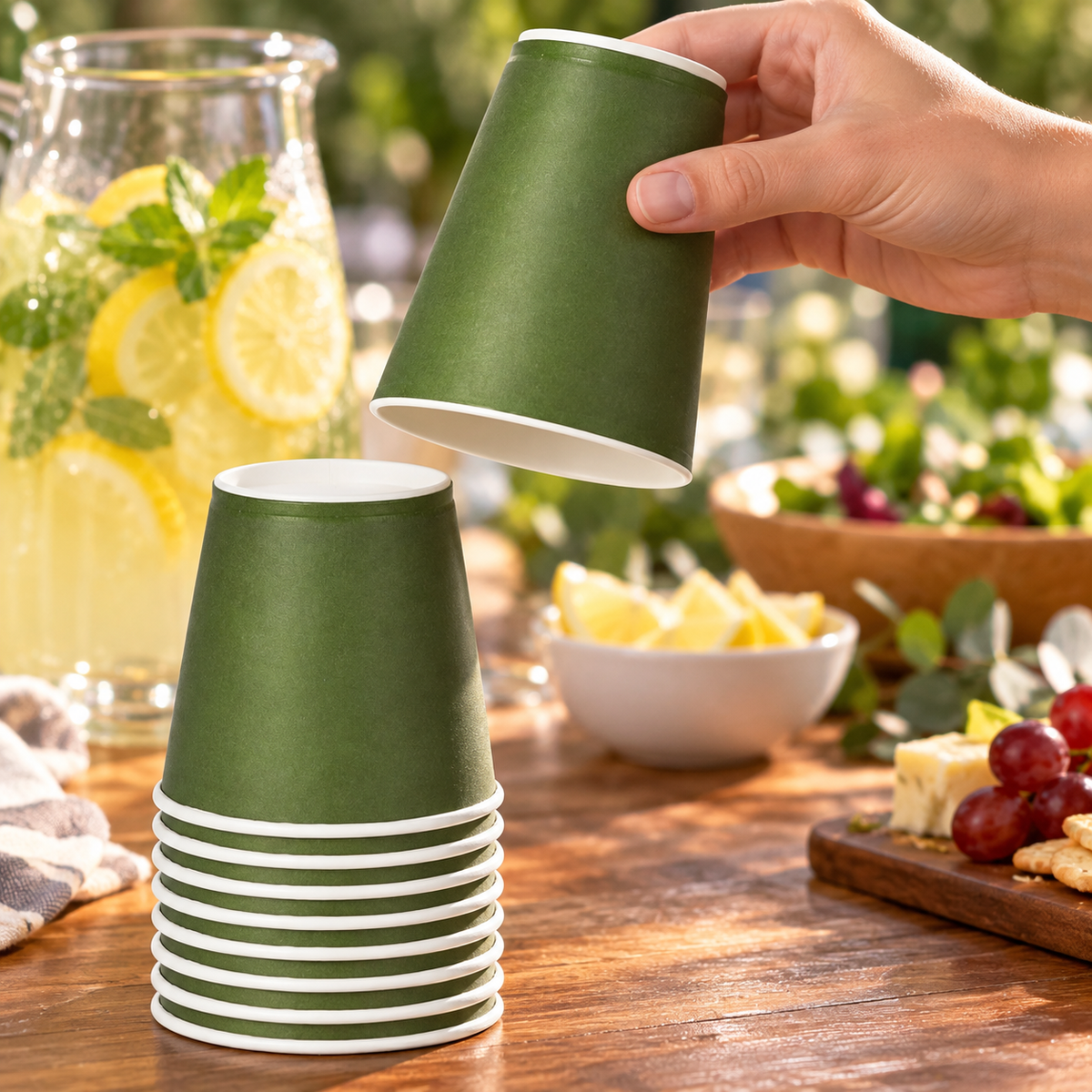 A hand lifting an inverted olive-green paper cup from an inverted stack. Drinks, food and table accessories are styling props, not included.