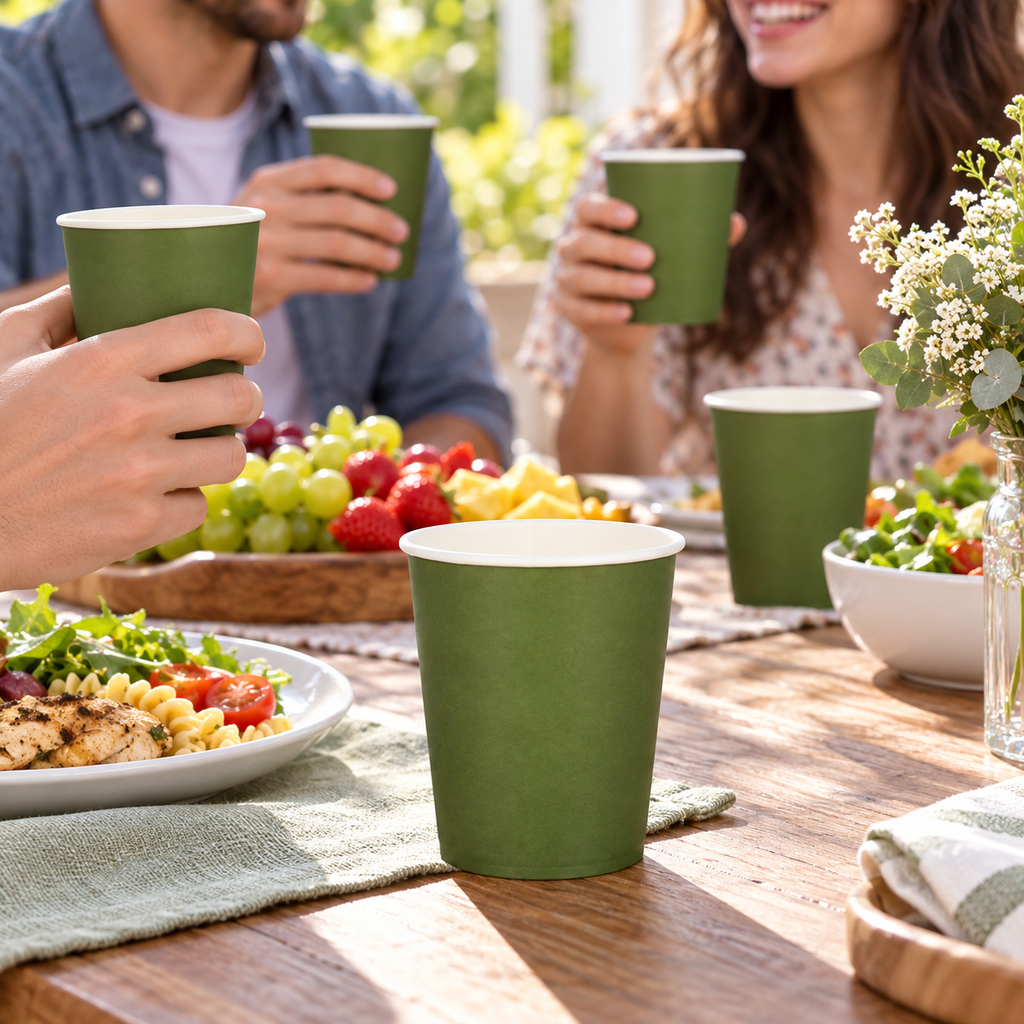 Olive-green paper cups at an outdoor party table. Beverages, food, people and decor are styling props, not included.