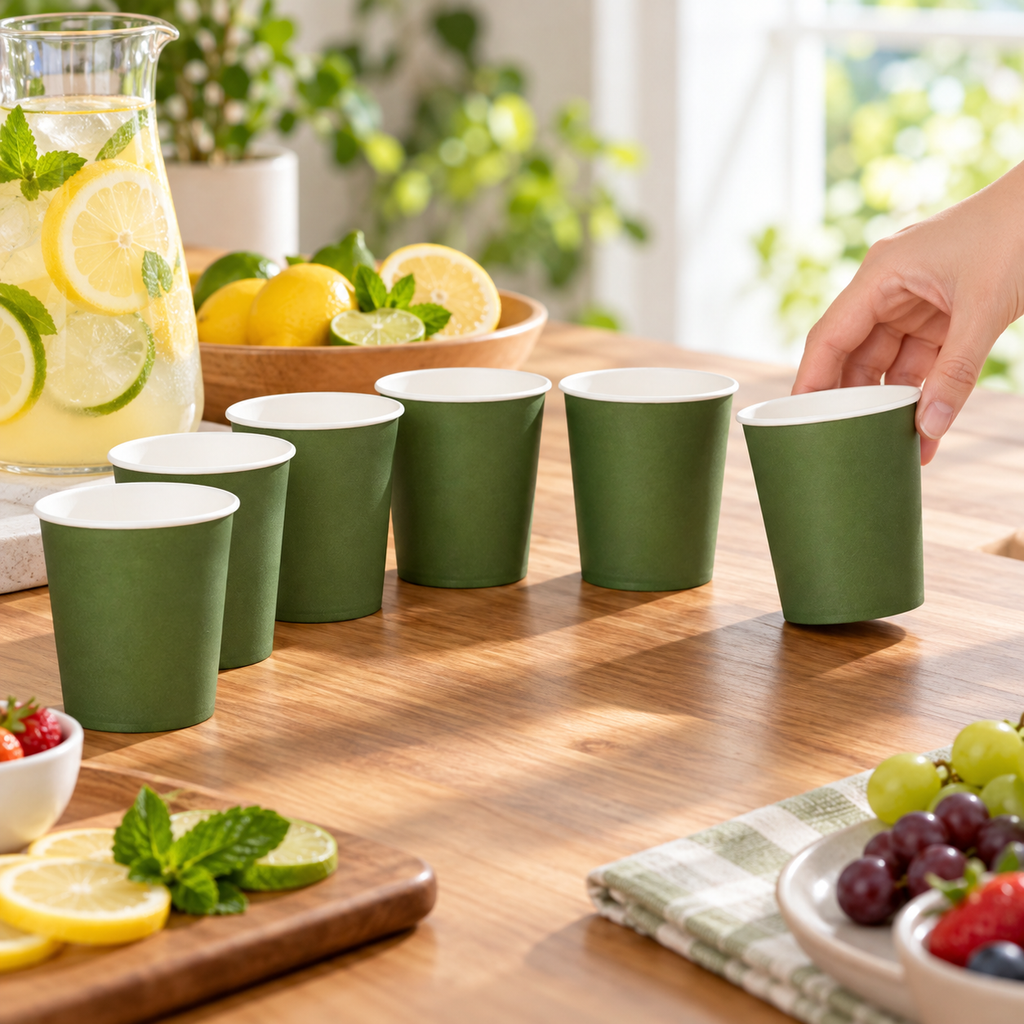 A hand arranging olive-green cups at a drinks station. Pitcher, fruit and table accessories are styling props, not included.