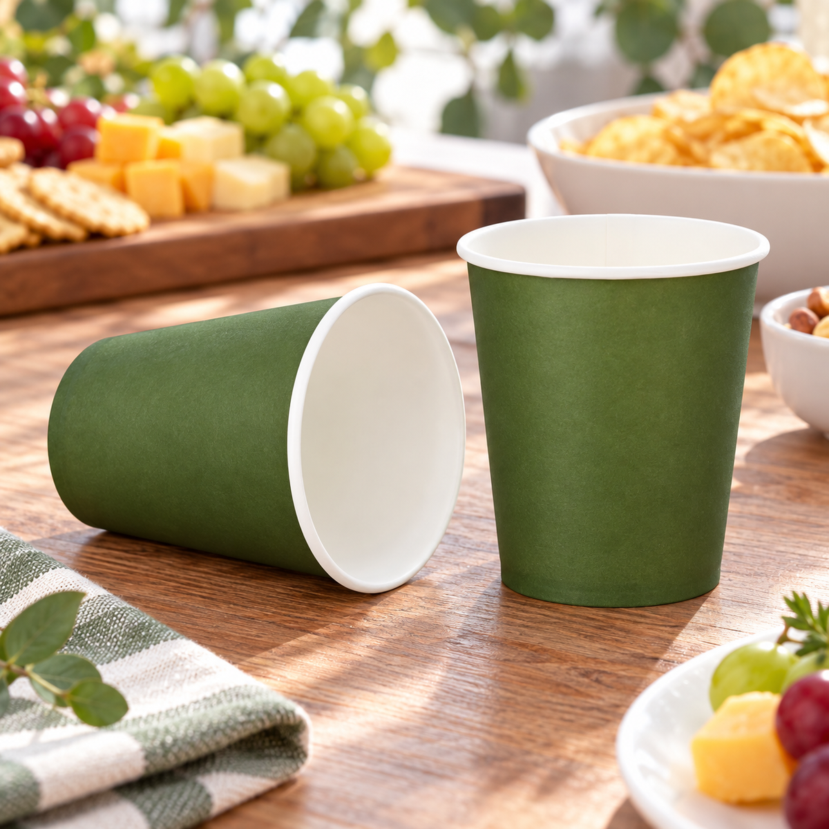 Independent close view of an upright and a tilted olive-green paper cup, showing white interiors and rolled rims. Food and decor are styling props, not included.