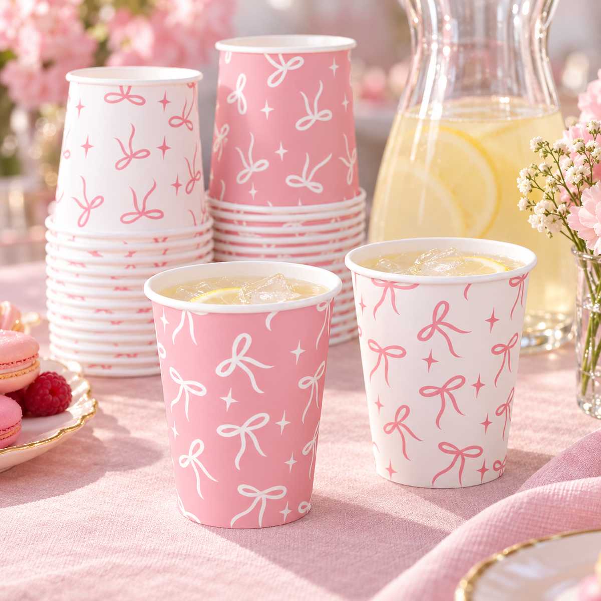 Pink and white bow paper cups - styled use scene