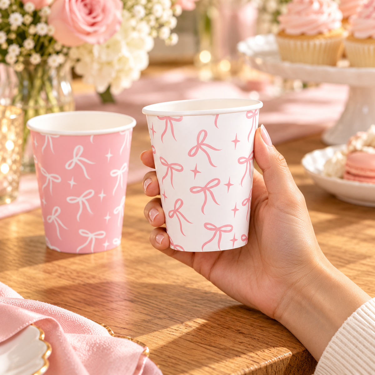 Pink and white bow paper cups - handheld size reference