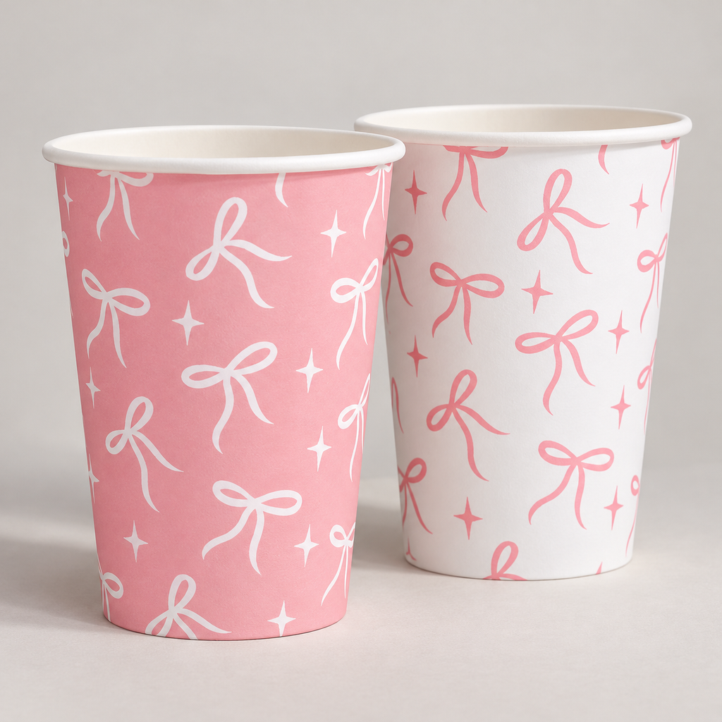 Pink and white bow paper cups - material and construction detail