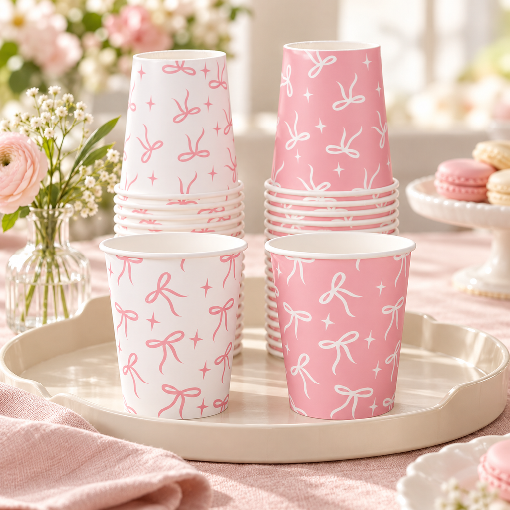 Pink and white bow paper cups - gathering table context