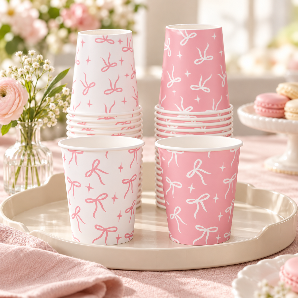 Pink and white bow paper cups - gathering table context