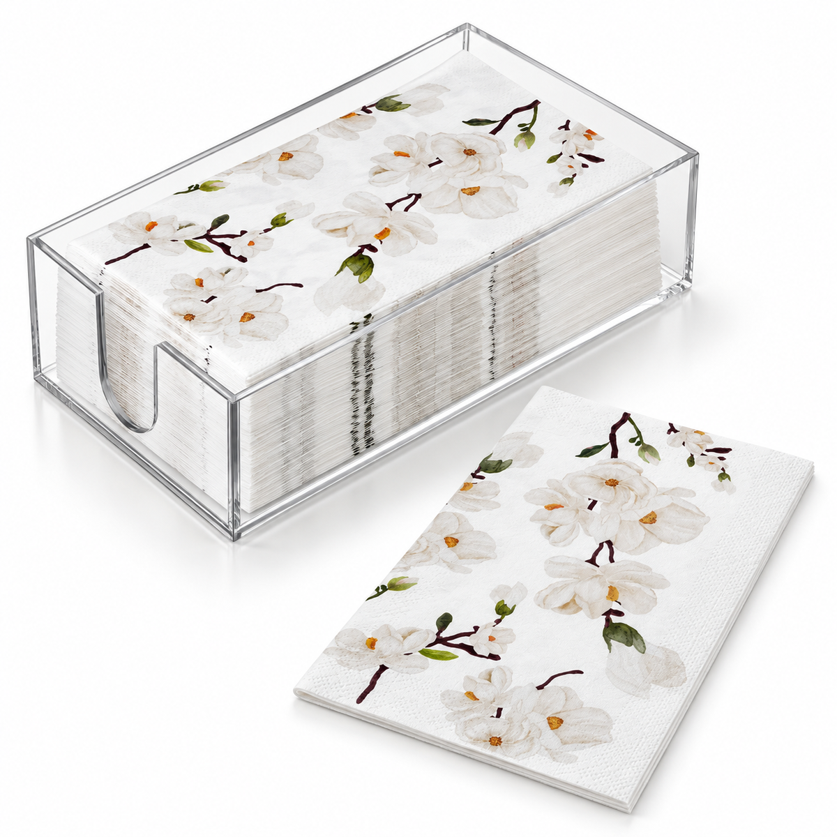 Magnolia guest napkins and acrylic holder - white background product view