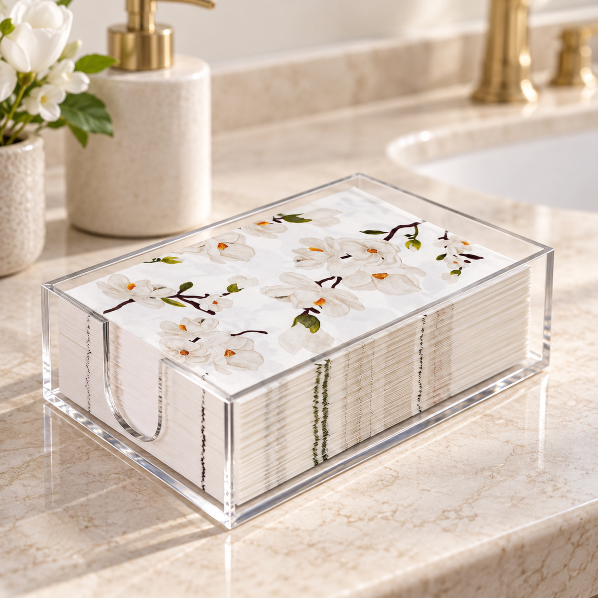 Magnolia guest napkins and acrylic holder - styled use scene