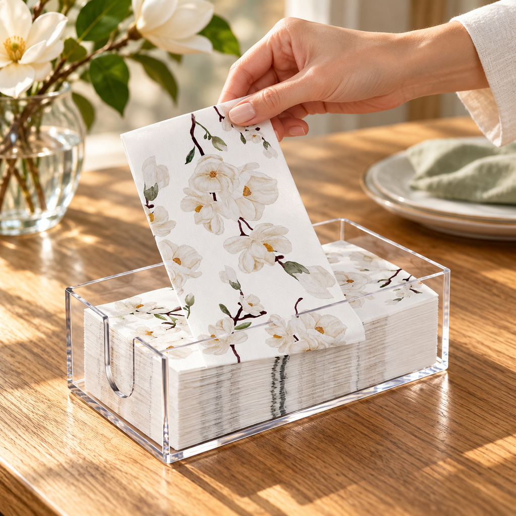 Magnolia guest napkins and acrylic holder - handheld size reference