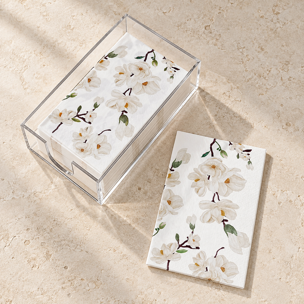 Magnolia guest napkins and acrylic holder - overhead product view