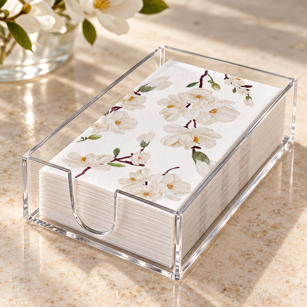 Magnolia guest napkins and acrylic holder - material and construction detail