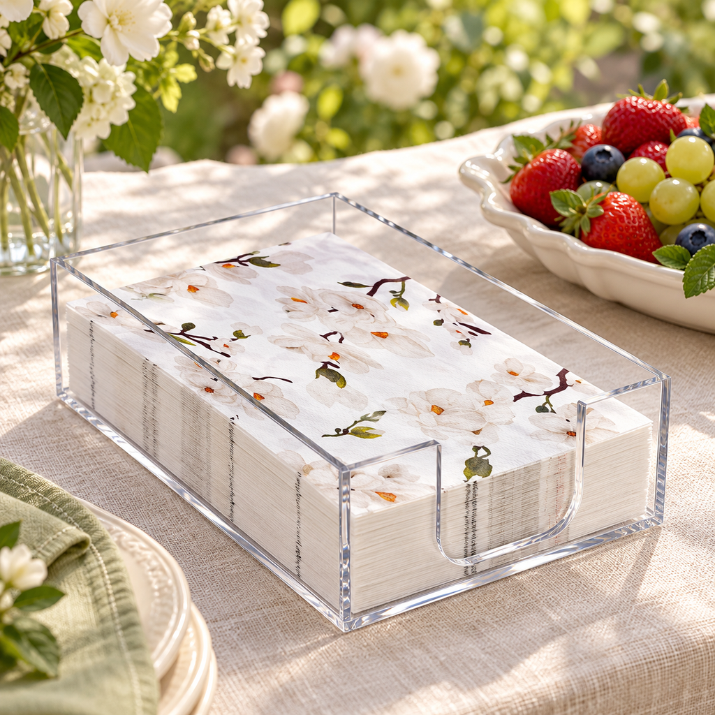 Magnolia guest napkins and acrylic holder - gathering table context
