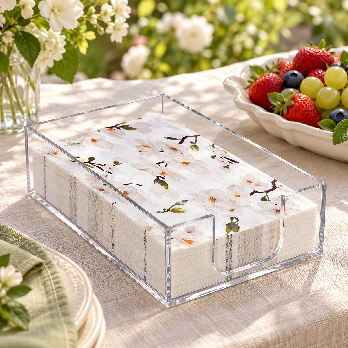 Magnolia guest napkins and acrylic holder - gathering table context