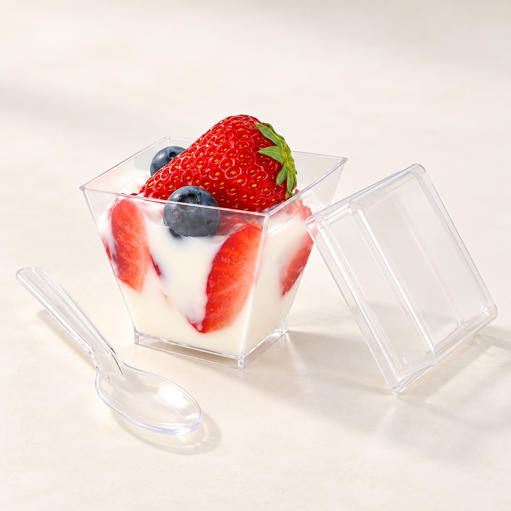 Clear square dessert cup with a separate shallow lid and matching clear spoon. Yogurt, fruit and styling surface are props, not included.