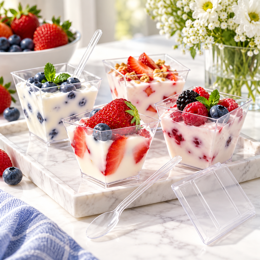 Clear square dessert cups arranged with berry yogurt. Food, tray and flowers are styling props, not included.