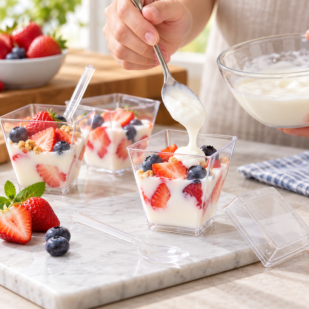 Yogurt being portioned into a clear square dessert cup; the lid remains separate. Food, mixing bowl, serving spoon and table accessories are styling props, not included.