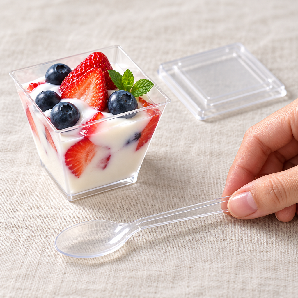 A hand placing the matching clear spoon beside a filled square dessert cup and separate lid. Food and linen are styling props, not included.
