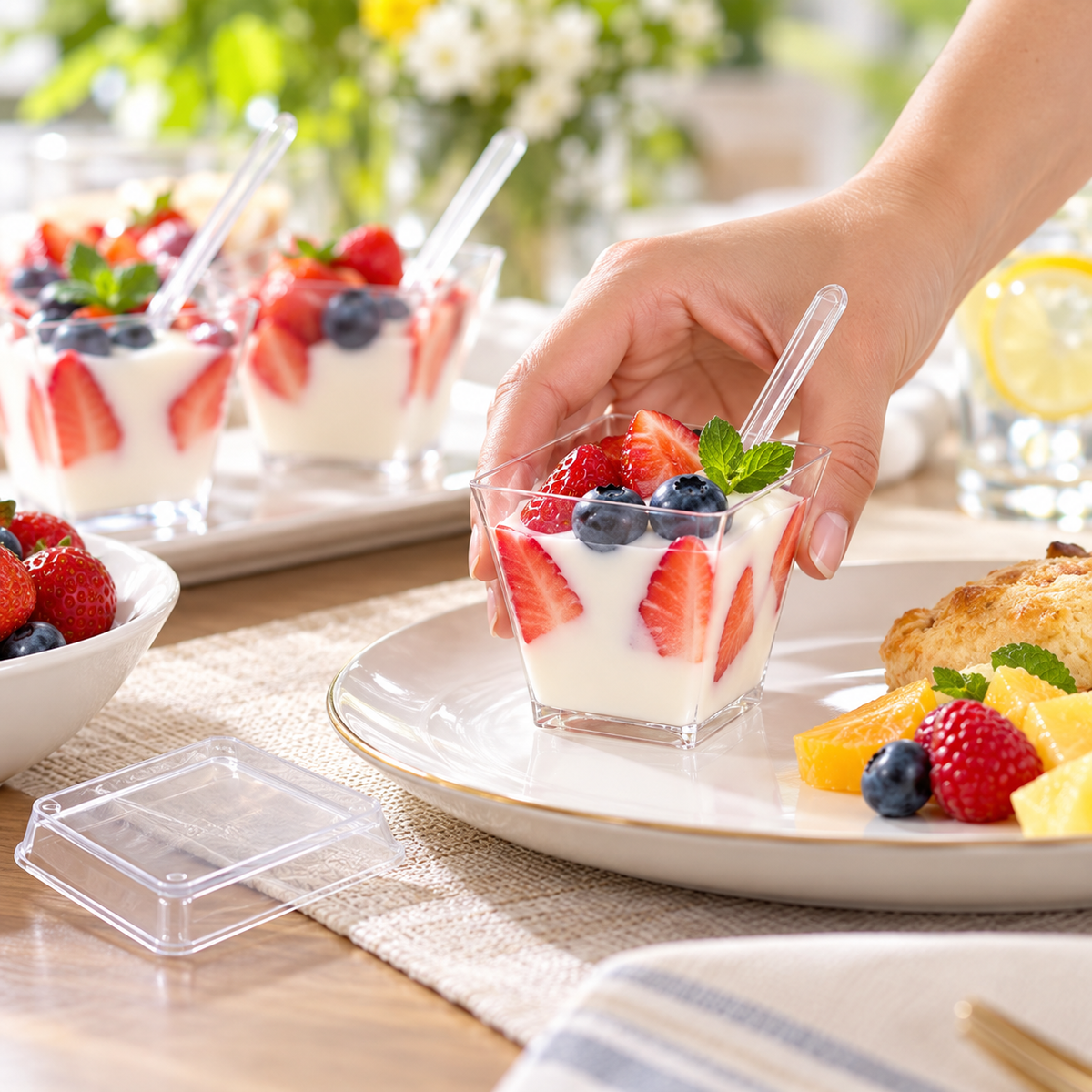 A hand placing a filled clear square dessert cup beside a guest's plate; the lid remains separate. Food, plate and table accessories are styling props, not included.