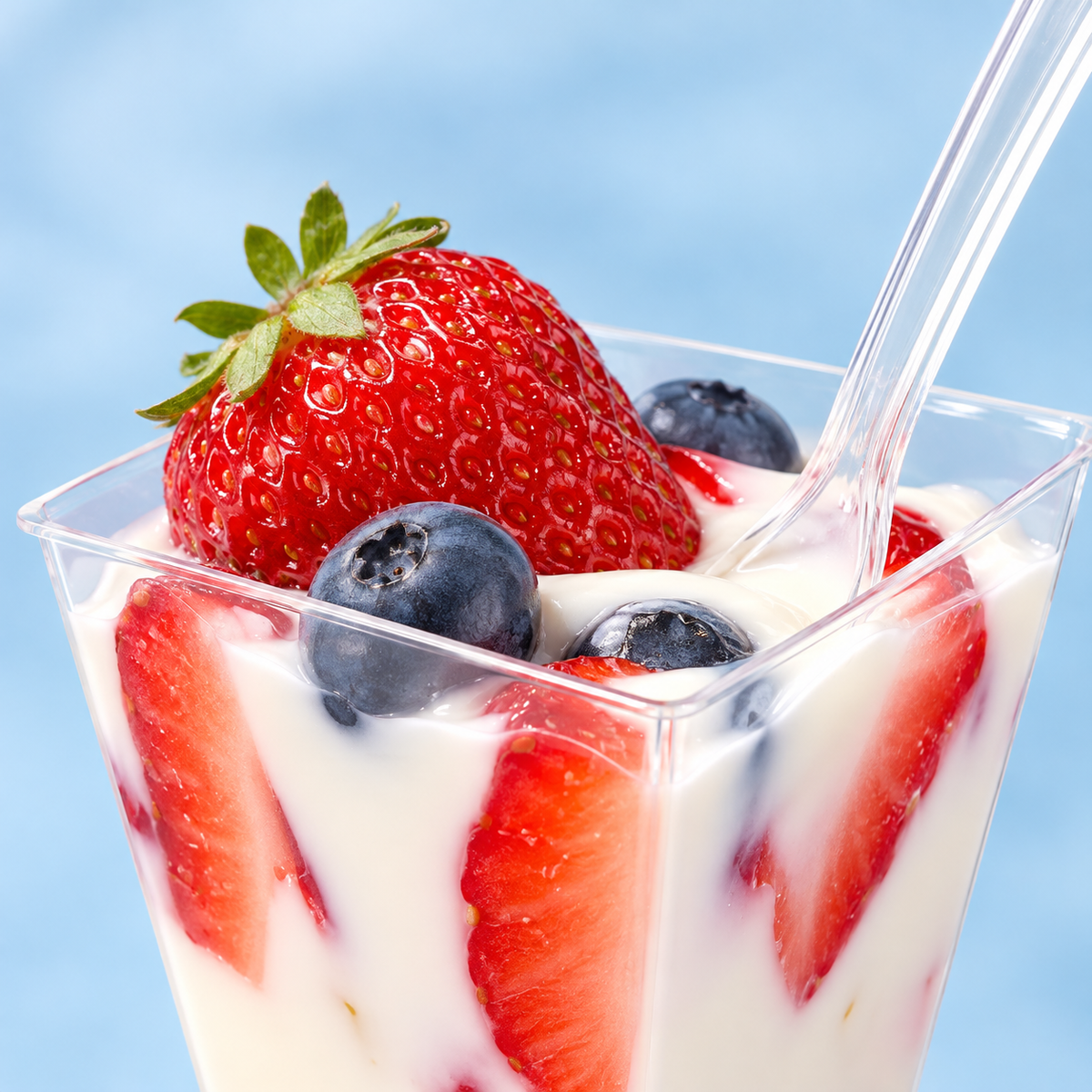 Independent close view of the clear square cup's thin rim and upper sidewalls with a matching clear spoon. Yogurt, fruit and backdrop are styling props, not included.