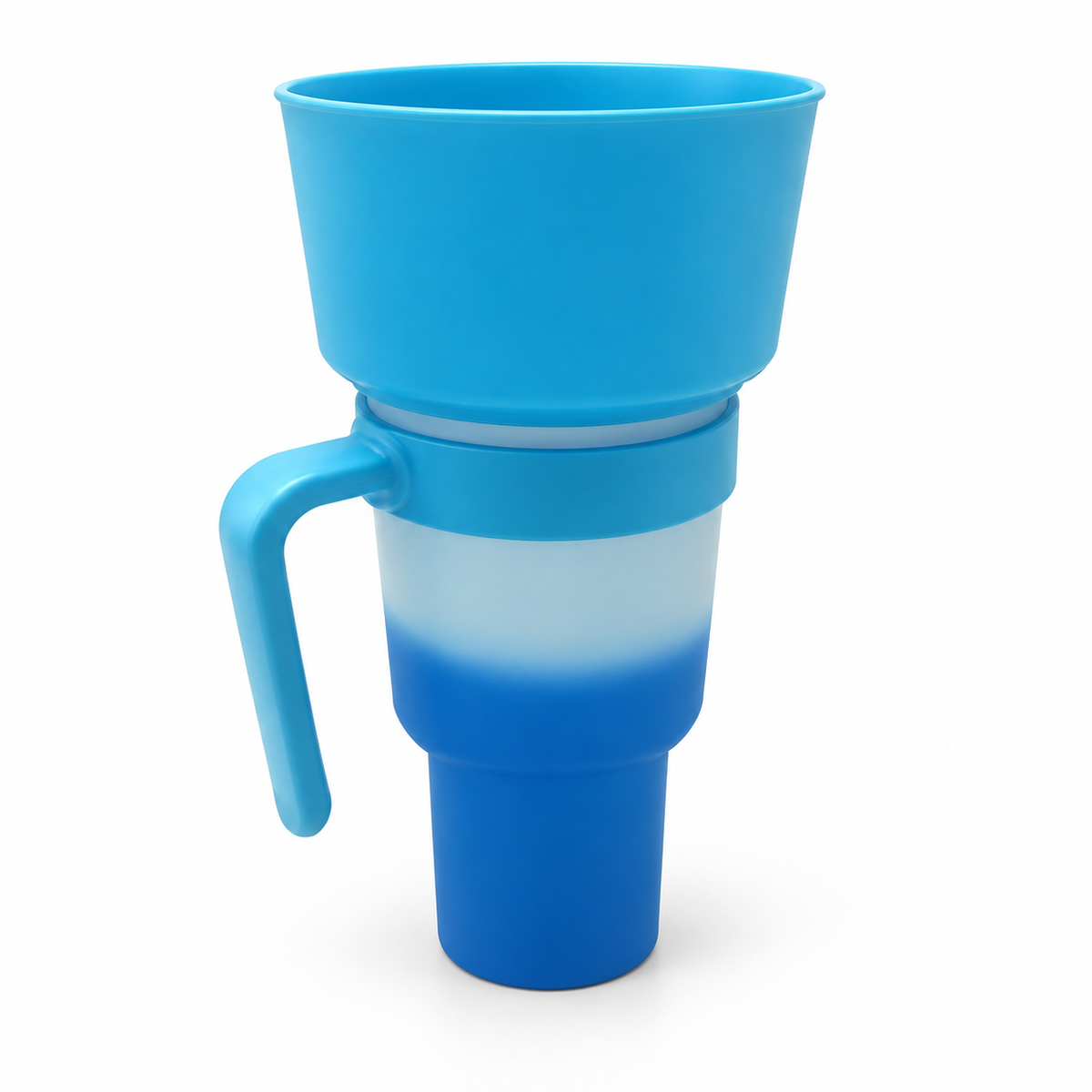 Blue Cold Water Color snack and drink cup with handle, exact selected color configuration on white. One selected cup configuration supplied.