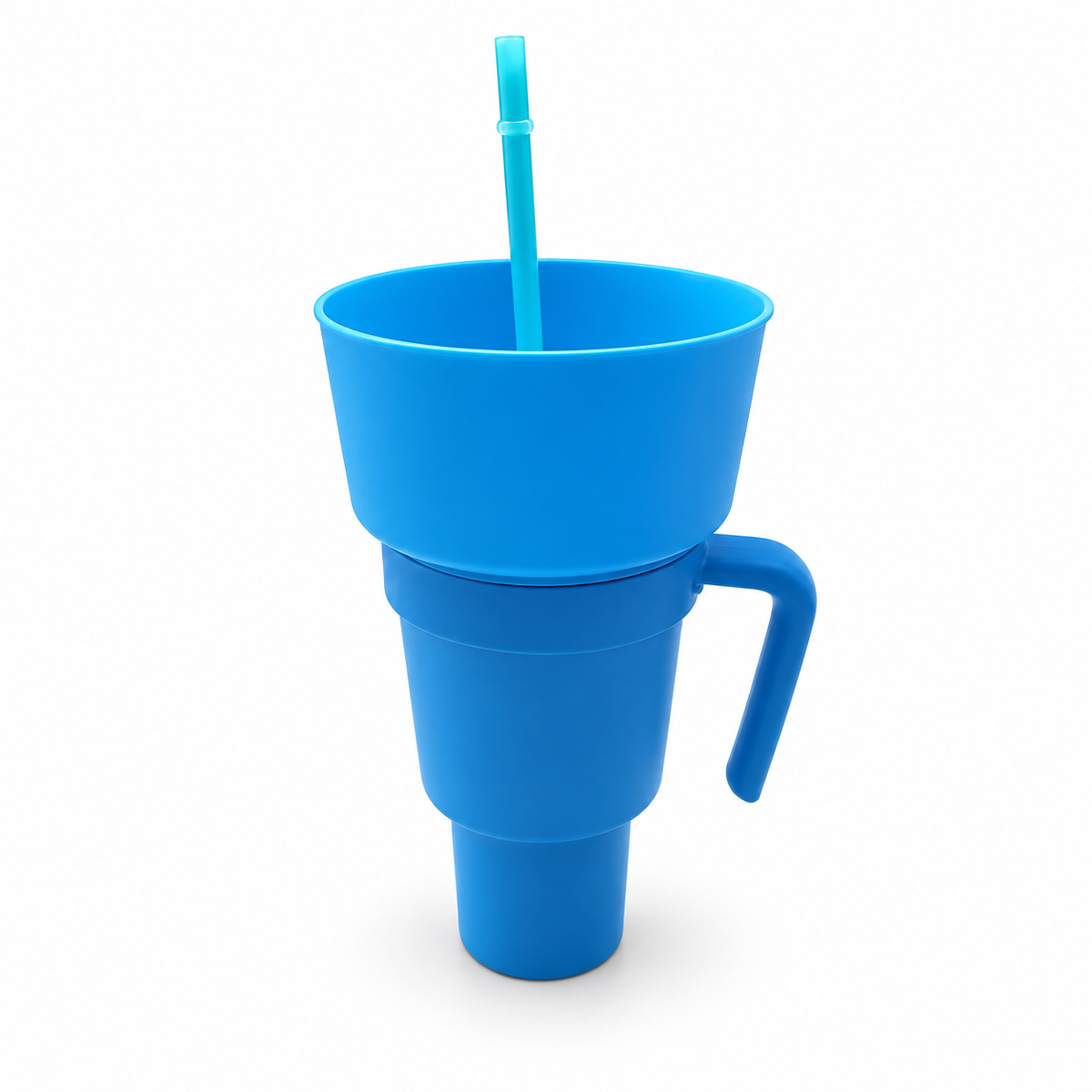Solid Blue snack and drink cup with handle, exact selected color configuration on white. One selected cup configuration supplied.