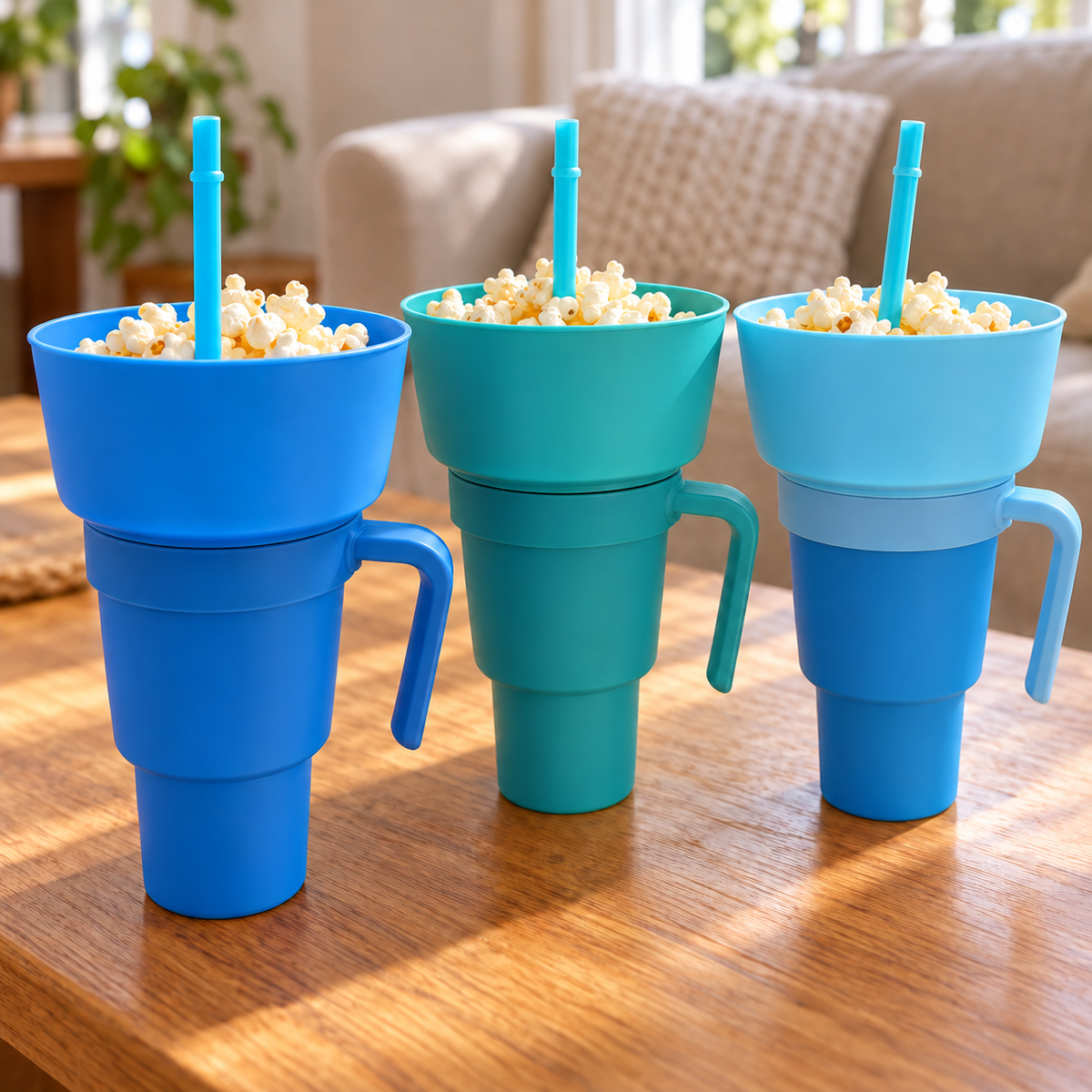 Solid Blue, Turquoise Blue and Two Tone color alternatives with popcorn in snack bowls. One selected cup configuration supplied. Popcorn and furnishings are styling props and not included.