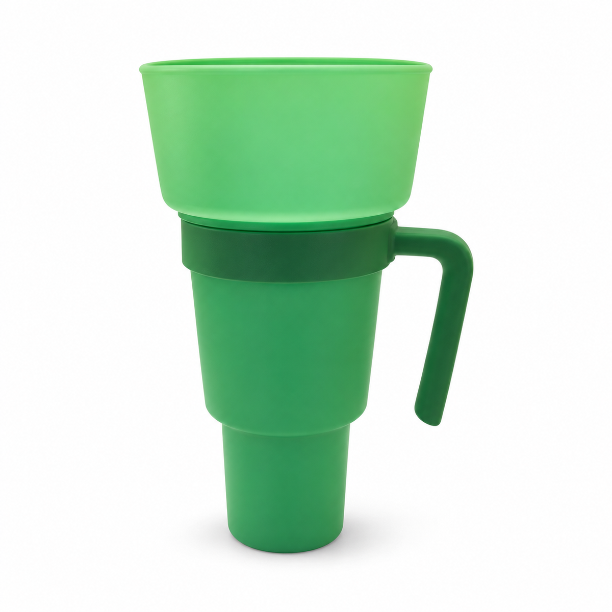 Green Solid Color snack and drink cup with handle, exact selected color configuration on white. One selected cup configuration supplied.