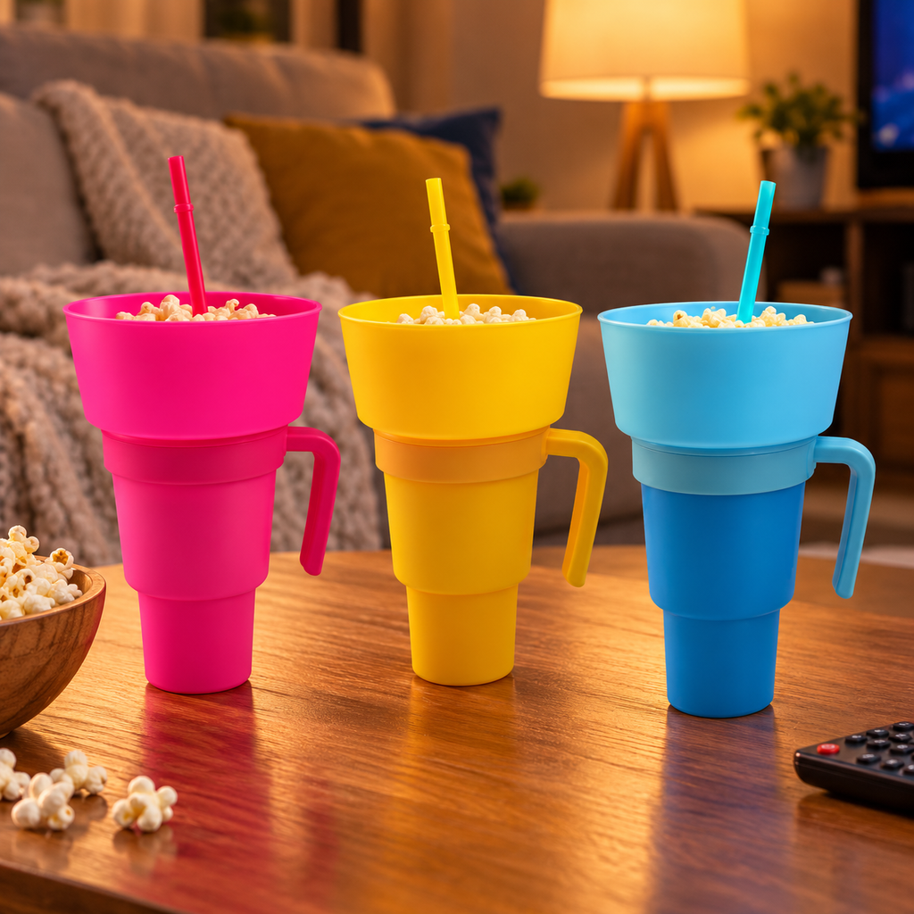 Pink Solid, Yellow Solid and Two Tone snack cup alternatives in a movie-night setting. One selected cup configuration supplied. Popcorn, serving bowl, remote and furnishings are styling props and not included.