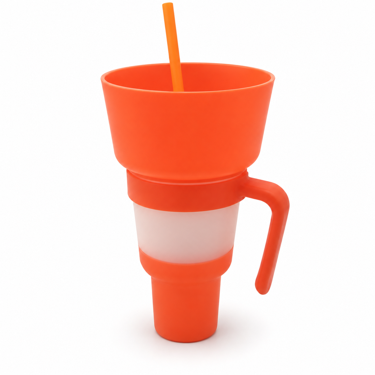 Orange Cold Water Color snack and drink cup with handle, exact selected color configuration on white. One selected cup configuration supplied.