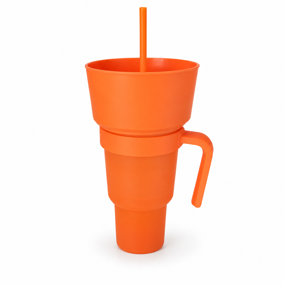 Orange Solid Color snack and drink cup with handle, exact selected color configuration on white. One selected cup configuration supplied.