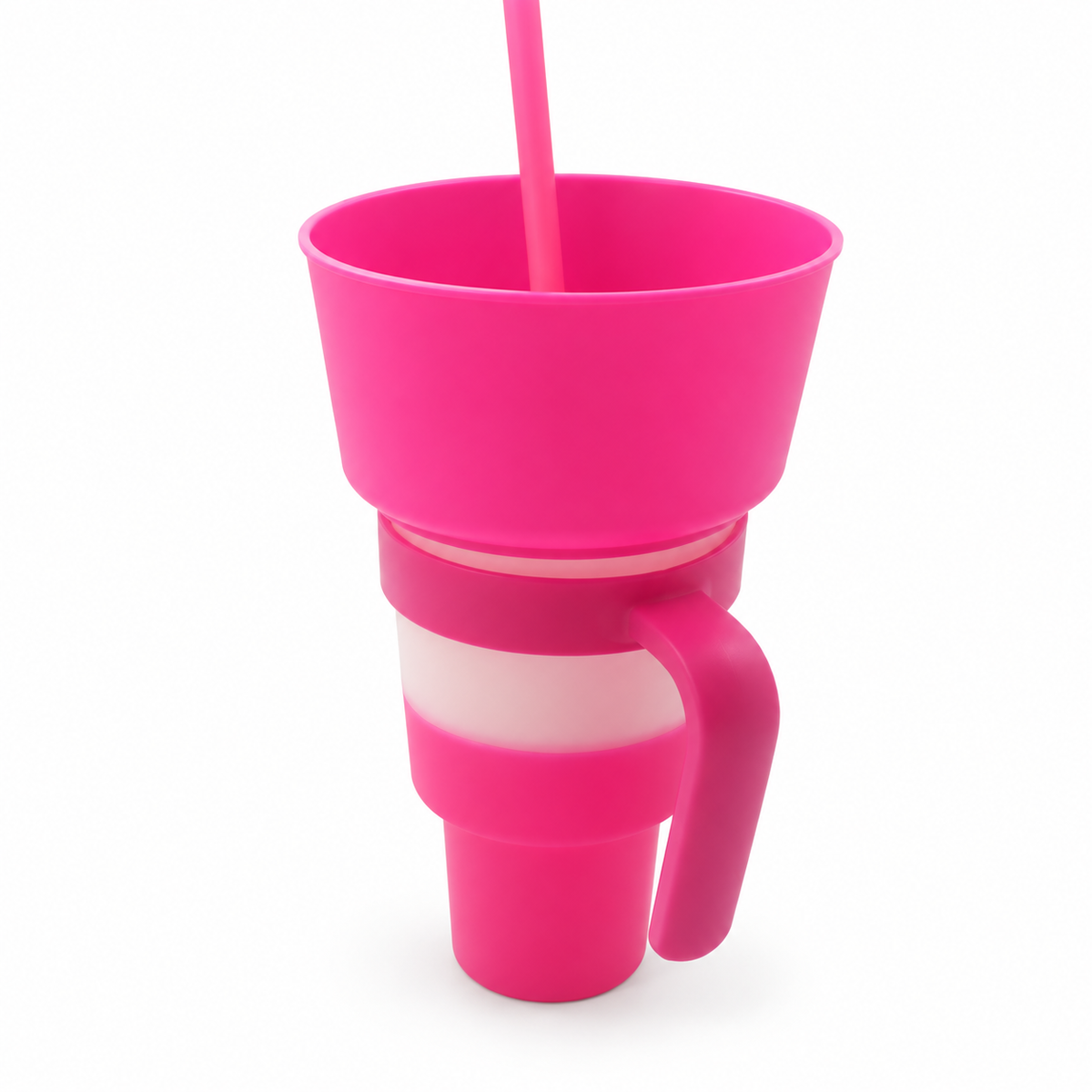 Pink Cold Water Color snack and drink cup with handle, exact selected color configuration on white. One selected cup configuration supplied.