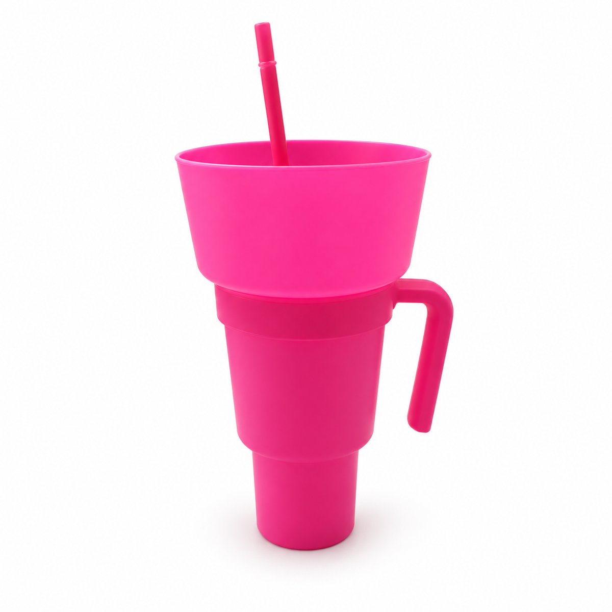 Pink Solid Color snack and drink cup with handle, exact selected color configuration on white. One selected cup configuration supplied.