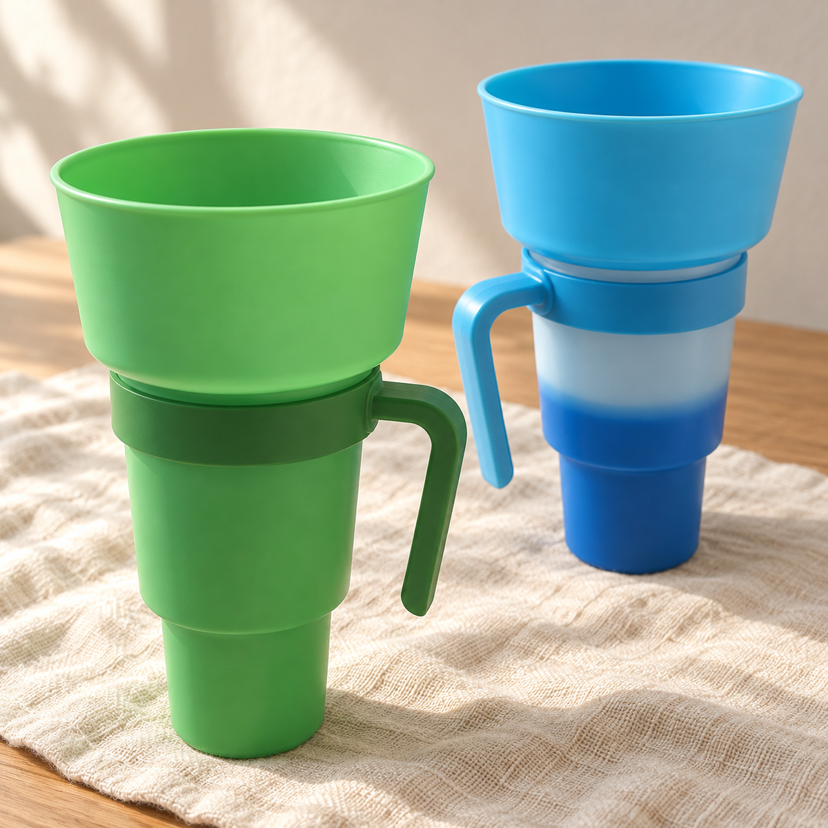 Green Solid and Blue Cold Water Color alternatives showing their snack bowl rims, collars and open-ended handles. One selected cup configuration supplied. Linen and furniture are styling props and not included.