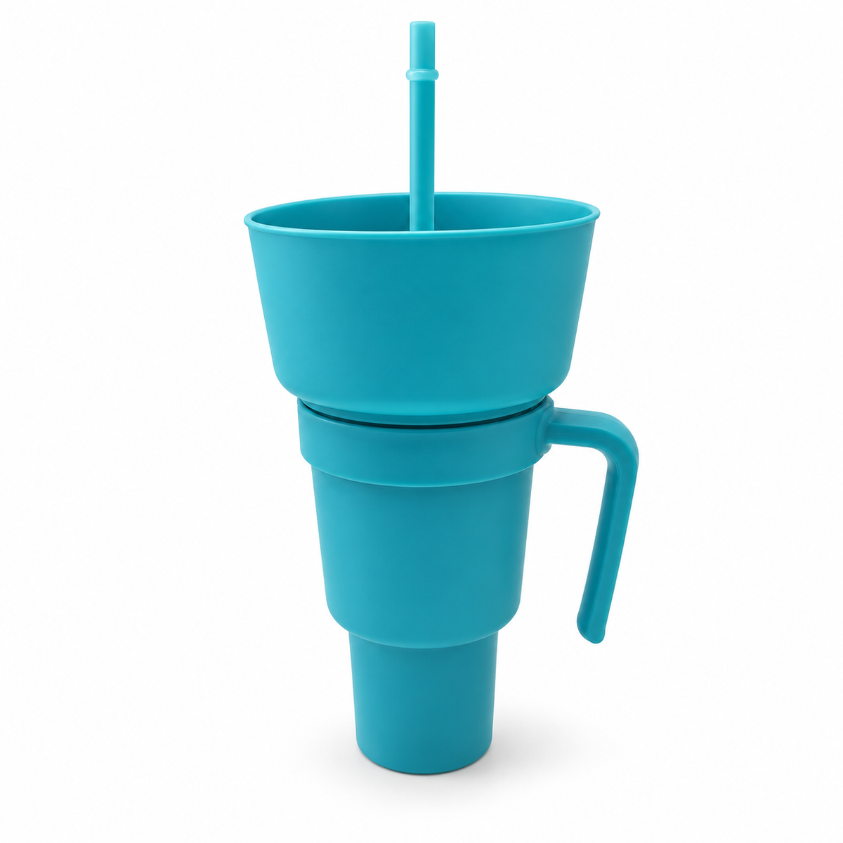 Turquoise blue snack and drink cup with handle, exact selected color configuration on white. One selected cup configuration supplied.