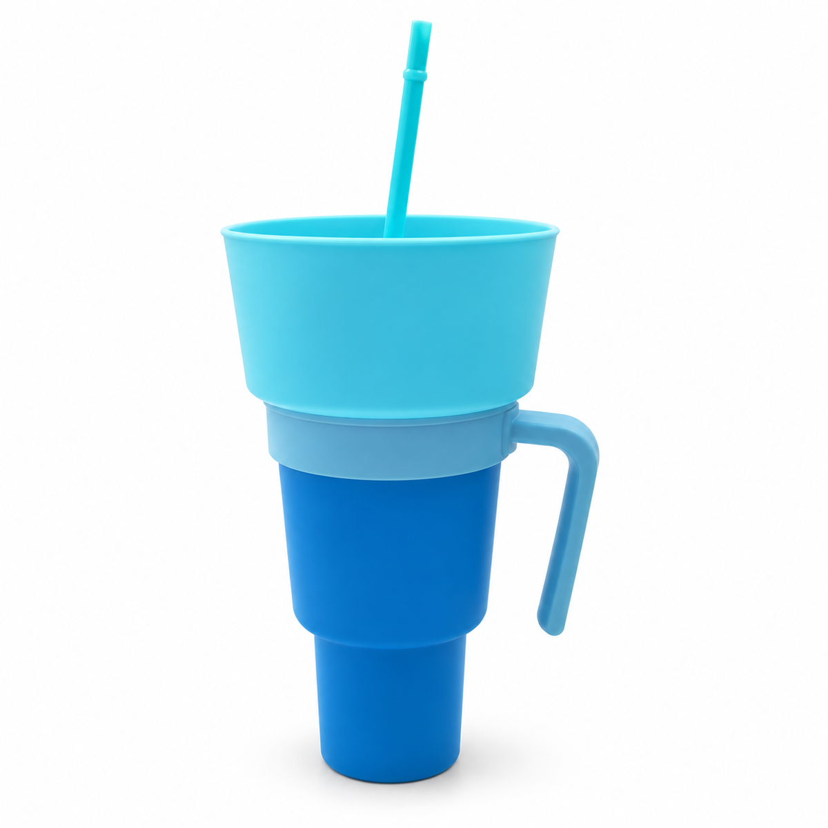 Two Tone snack and drink cup with handle, exact selected color configuration on white. One selected cup configuration supplied.
