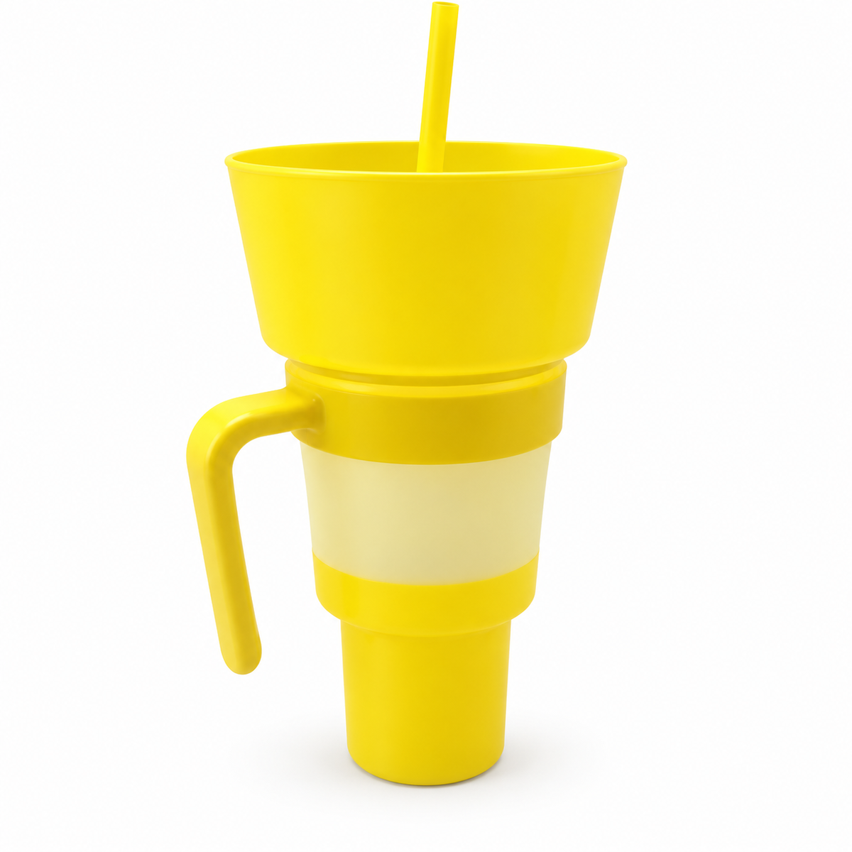Yellow Cold Water Color snack and drink cup with handle, exact selected color configuration on white. One selected cup configuration supplied.