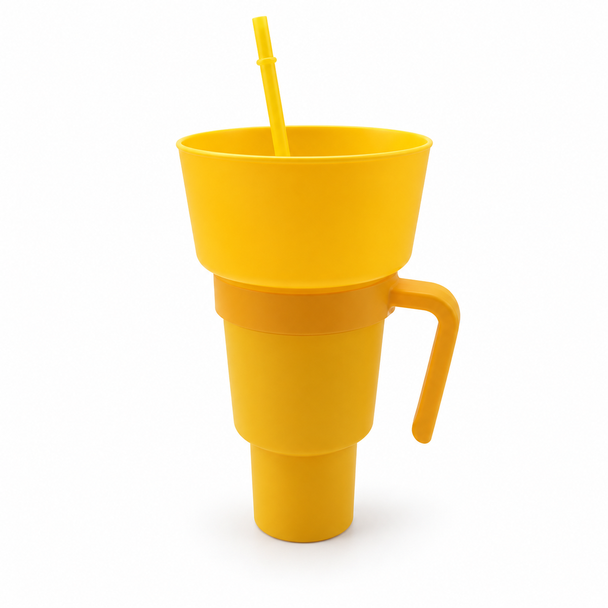 Yellow Solid Color snack and drink cup with handle, exact selected color configuration on white. One selected cup configuration supplied.