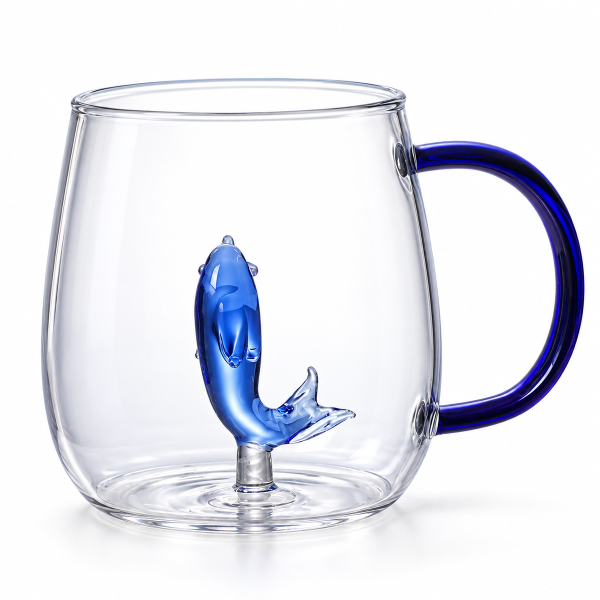 Clear glass mug with cobalt-blue handle and sculpted blue dolphin — hero