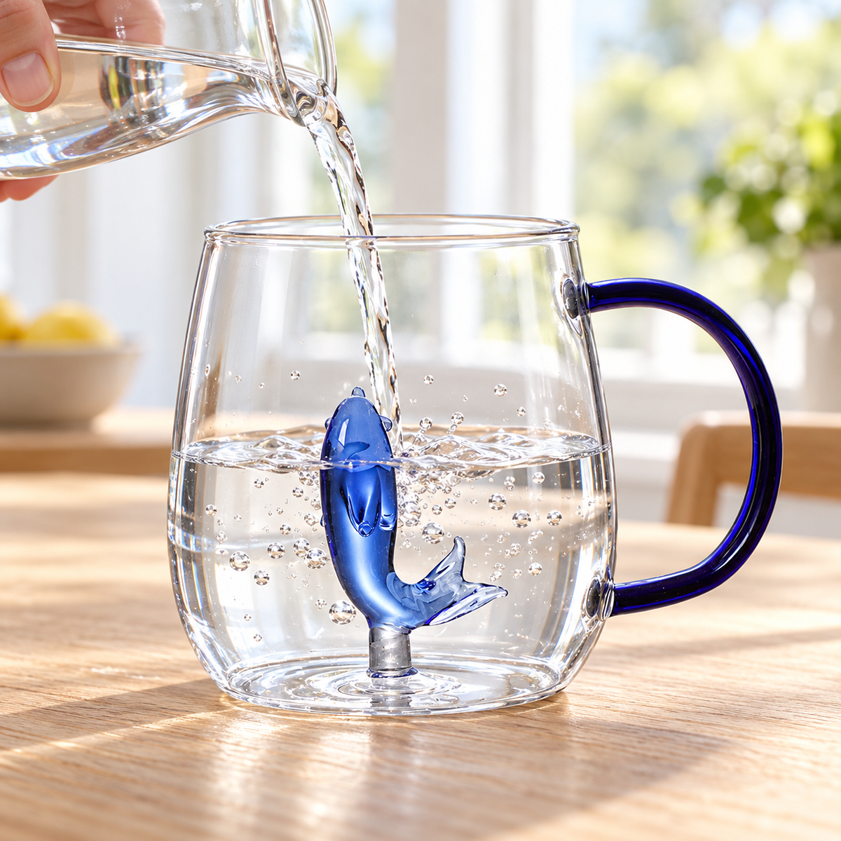 Clear glass mug with cobalt-blue handle and sculpted blue dolphin — use