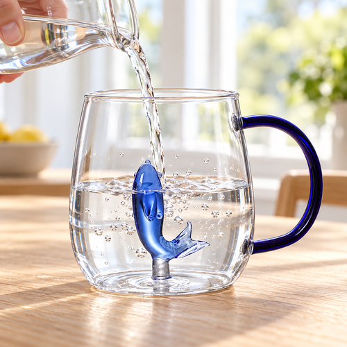 Clear glass mug with cobalt-blue handle and sculpted blue dolphin — use