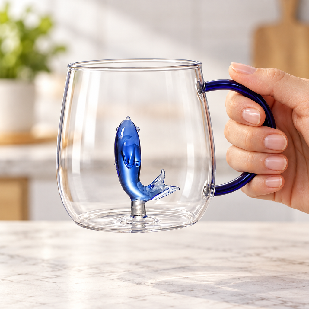 Clear glass mug with cobalt-blue handle and sculpted blue dolphin — scale