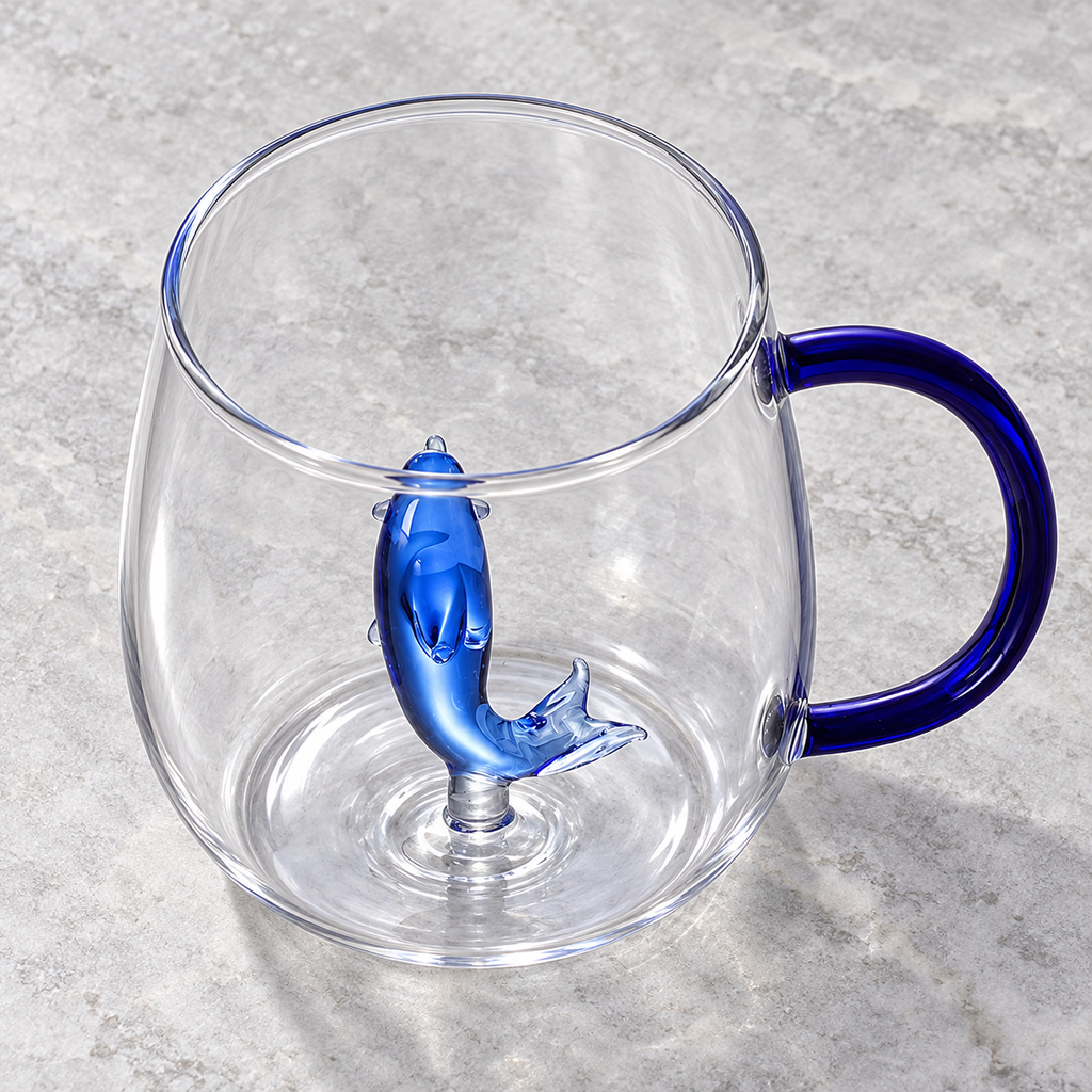 Clear glass mug with cobalt-blue handle and sculpted blue dolphin — top