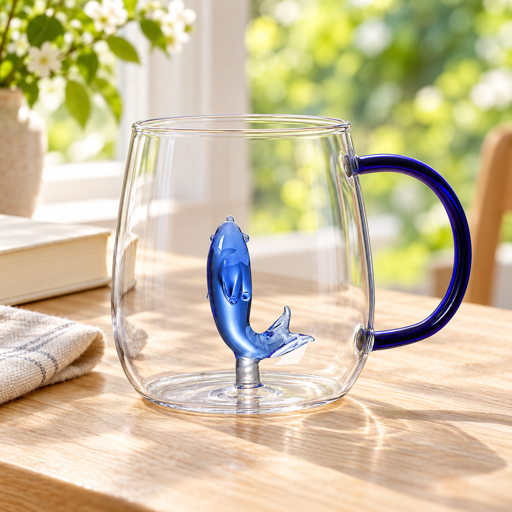 Clear glass mug with cobalt-blue handle and sculpted blue dolphin — setting