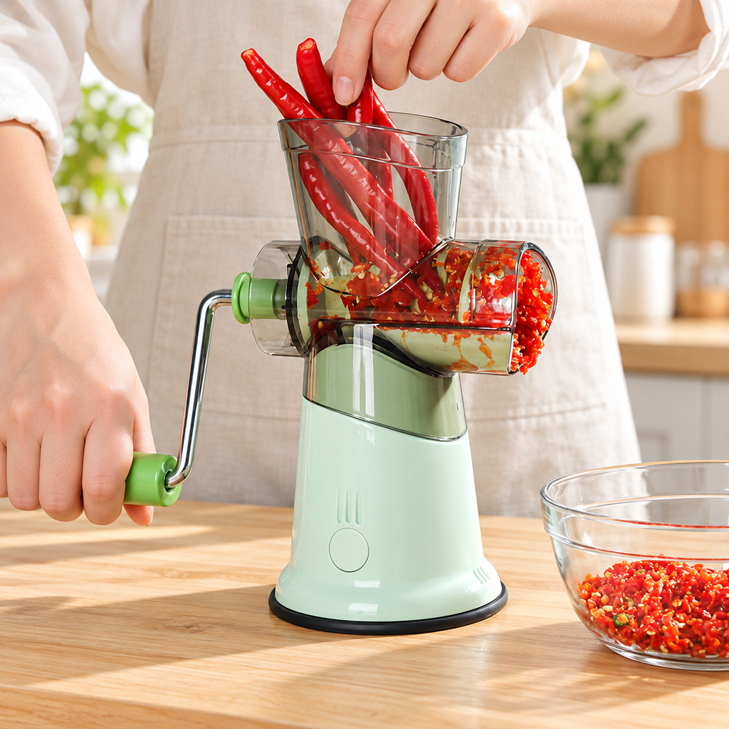 Green manual kitchen grinder with clear hopper and hand crank — use