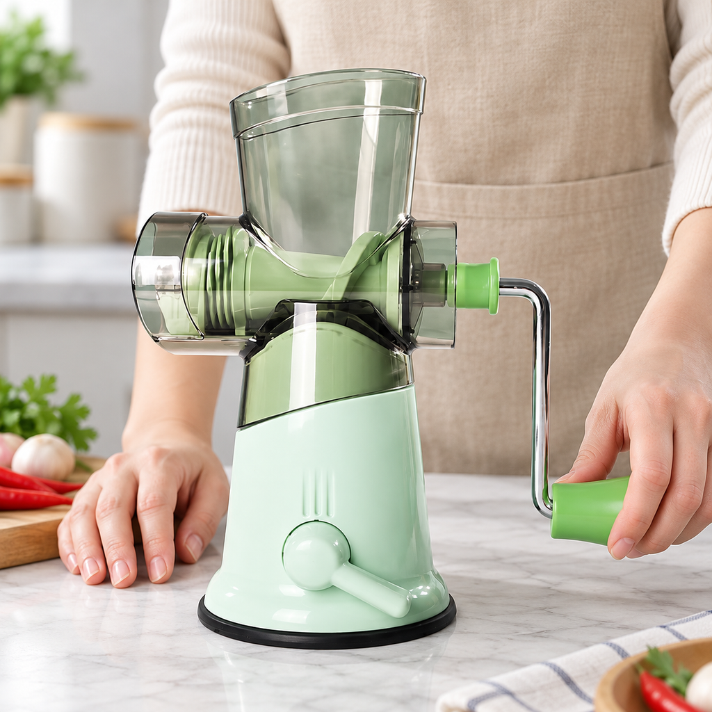 Green manual kitchen grinder with clear hopper and hand crank — scale