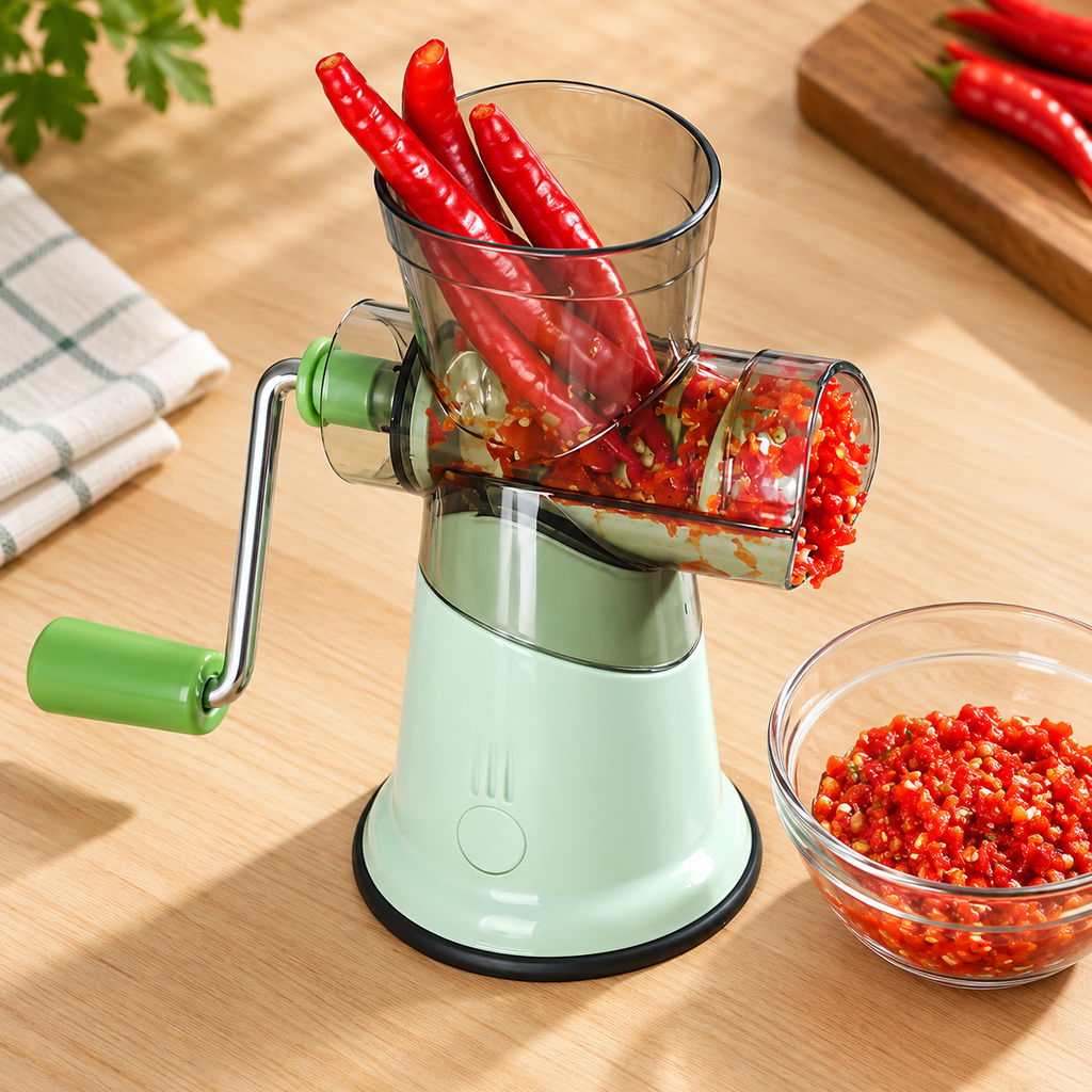 Green manual kitchen grinder with clear hopper and hand crank — top