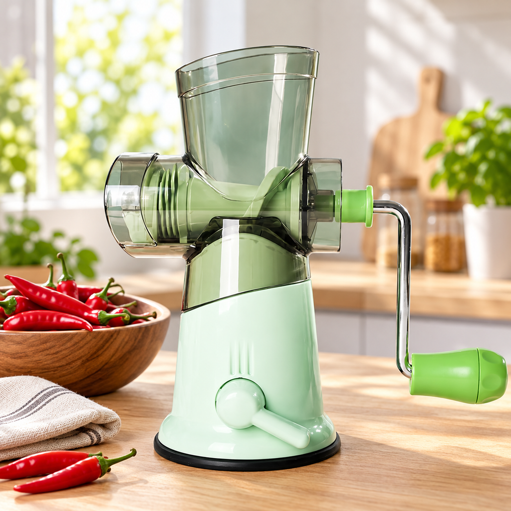 Green manual kitchen grinder with clear hopper and hand crank — setting