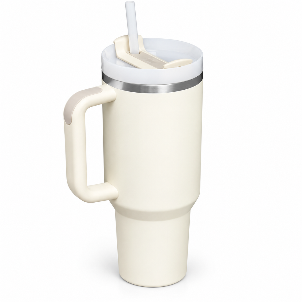 White tumbler with handle, lid and straw — hero